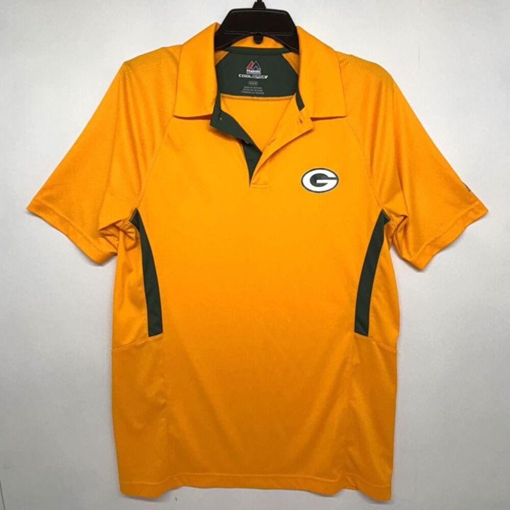 Green Bay Packers Polo Shirt Gold with Green Majestic Cool Base Logo Men's Med